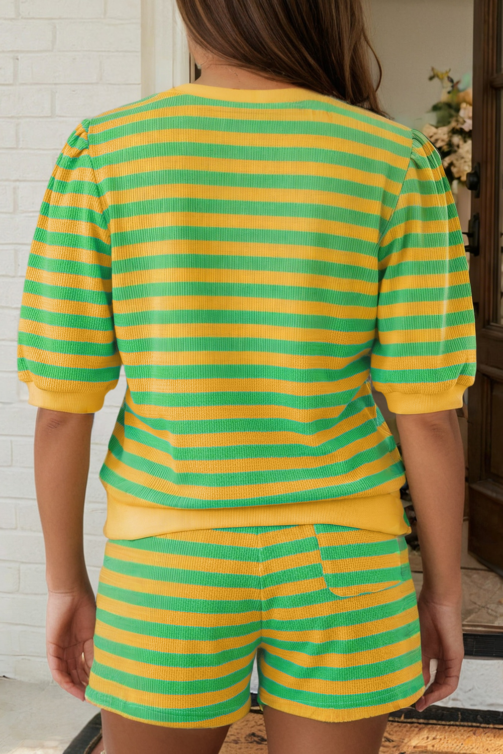 LAS Stripe Puff Sleeve T Shirt Matching Shorts Set (S-4X)
