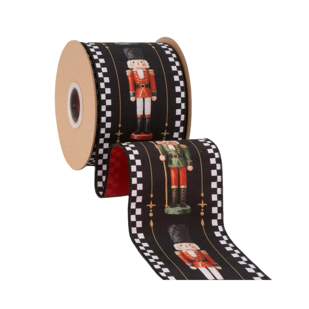 4" Wired Dupioni Ribbon | Black/White Check Nutcracker on Black w/ Red Backing | 10 Yard Roll
