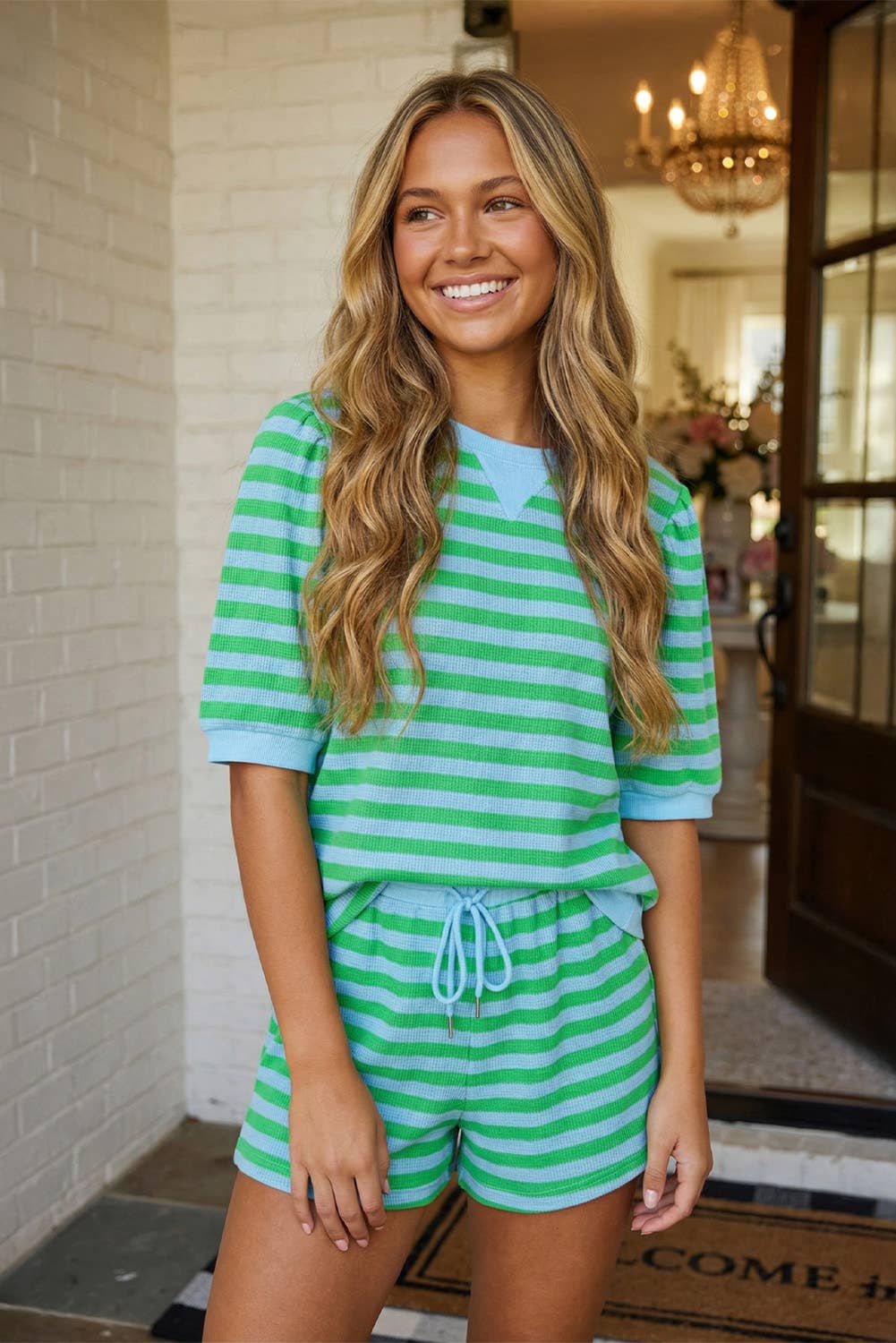 LAS Stripe Puff Sleeve T Shirt Matching Shorts Set (S-4X)