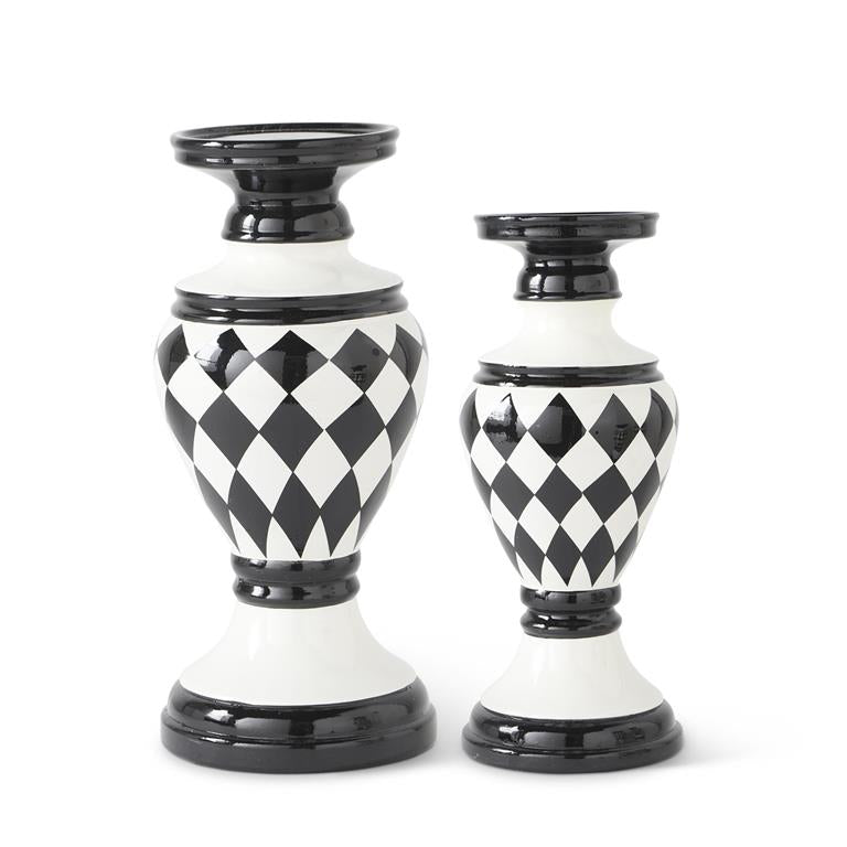 Set of 2 Black & White Harlequin Ceramic Candleholde