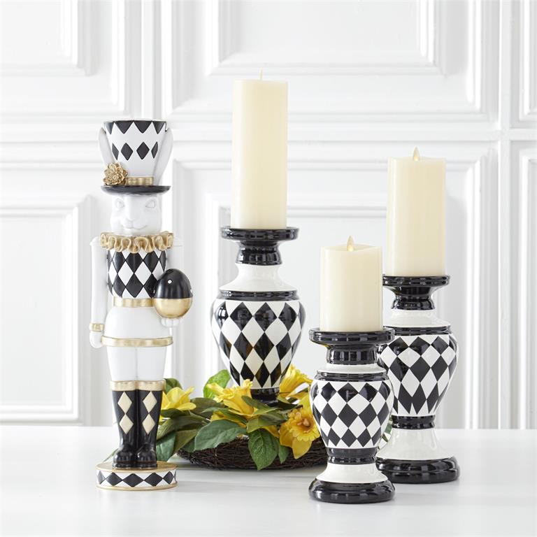 Set of 2 Black & White Harlequin Ceramic Candleholde