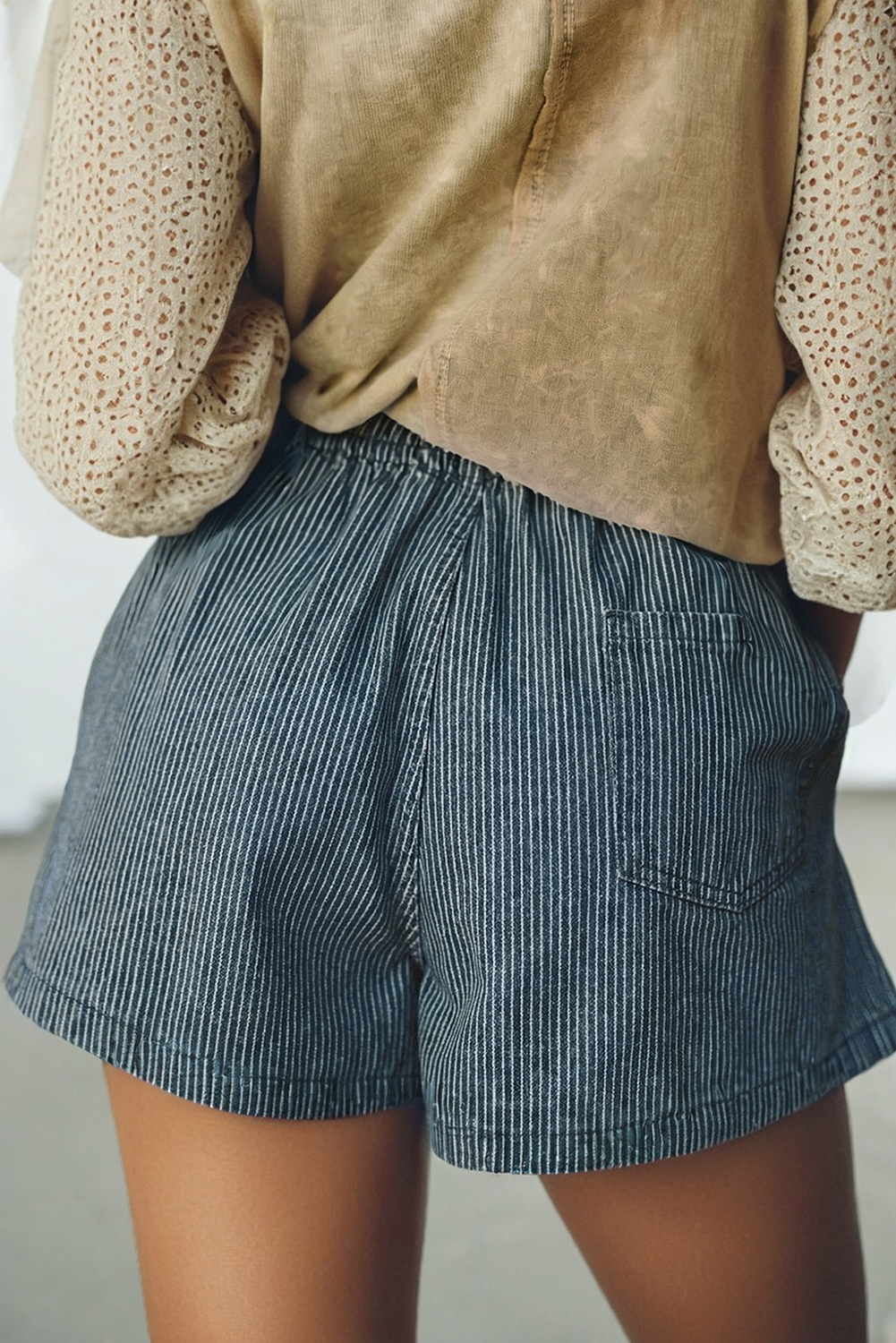 LAS Striped Drawstring Elastic Waist Denim Shorts (S-4X)