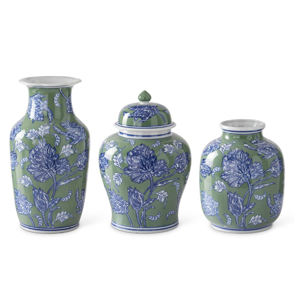 Blue Green & White Floral Ceramic Vase