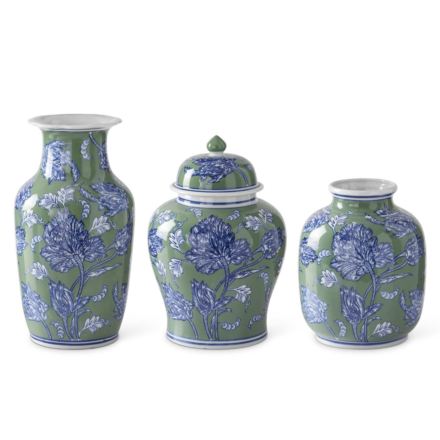 Blue Green & White Floral Ceramic Vase