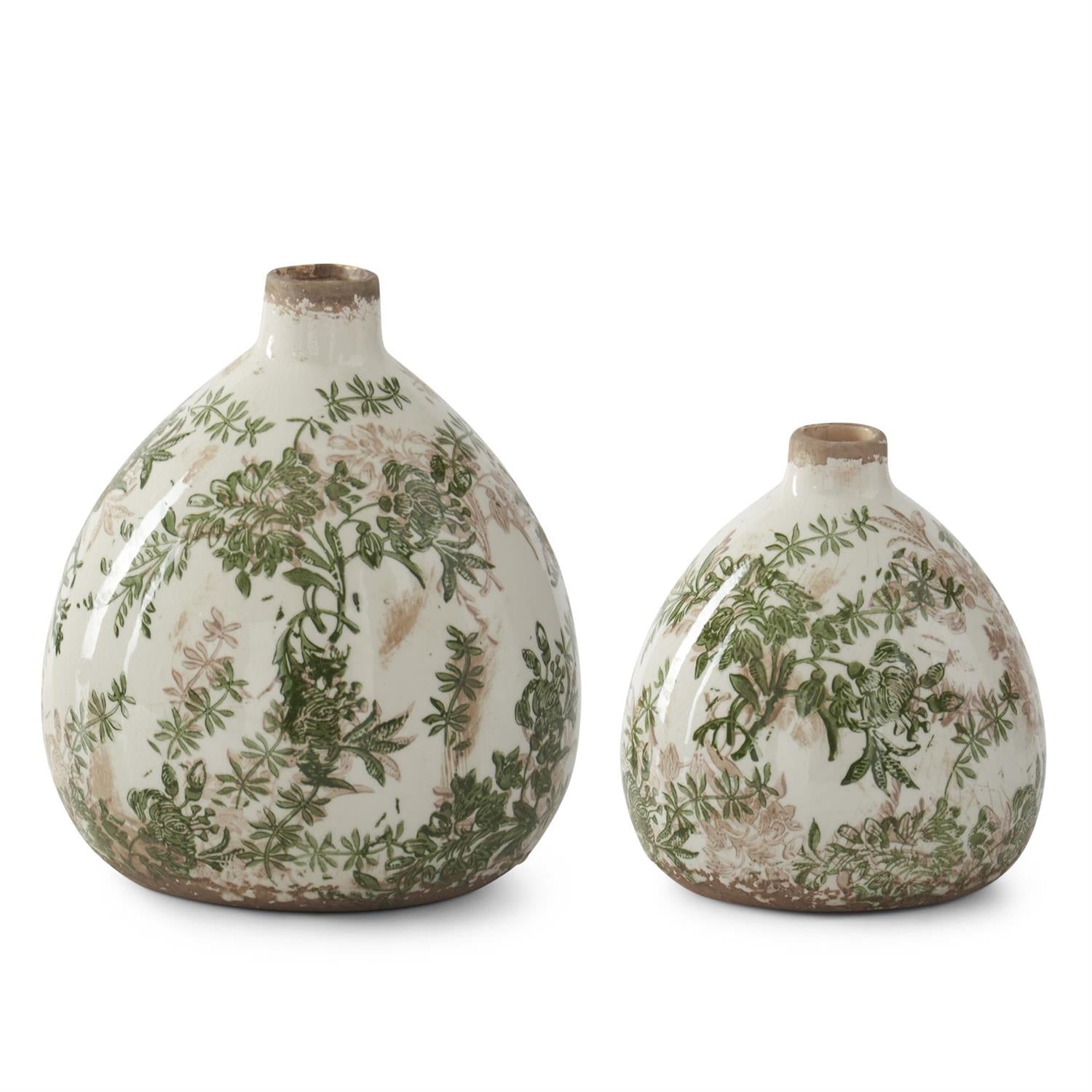 Green &amp; Cream w/Brown Crackled Ceramic Chinoiserie Vases