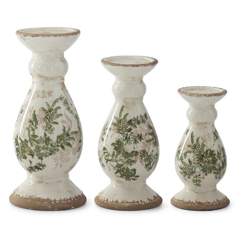 Green & Cream w/Brown Crackled Ceramic Chinoiserie Candleholder