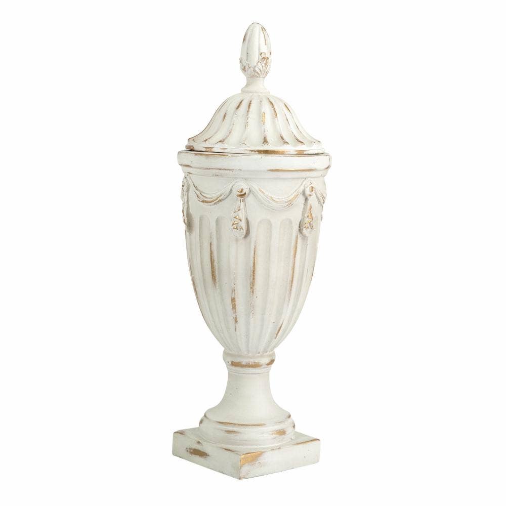 D8.5x17" Pedestal Lidded Vase Distressed Gold Accents