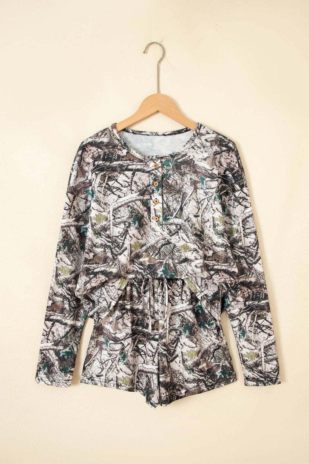 OMG! Camo Long Sleeve Top and Elastic Waist Shorts Set