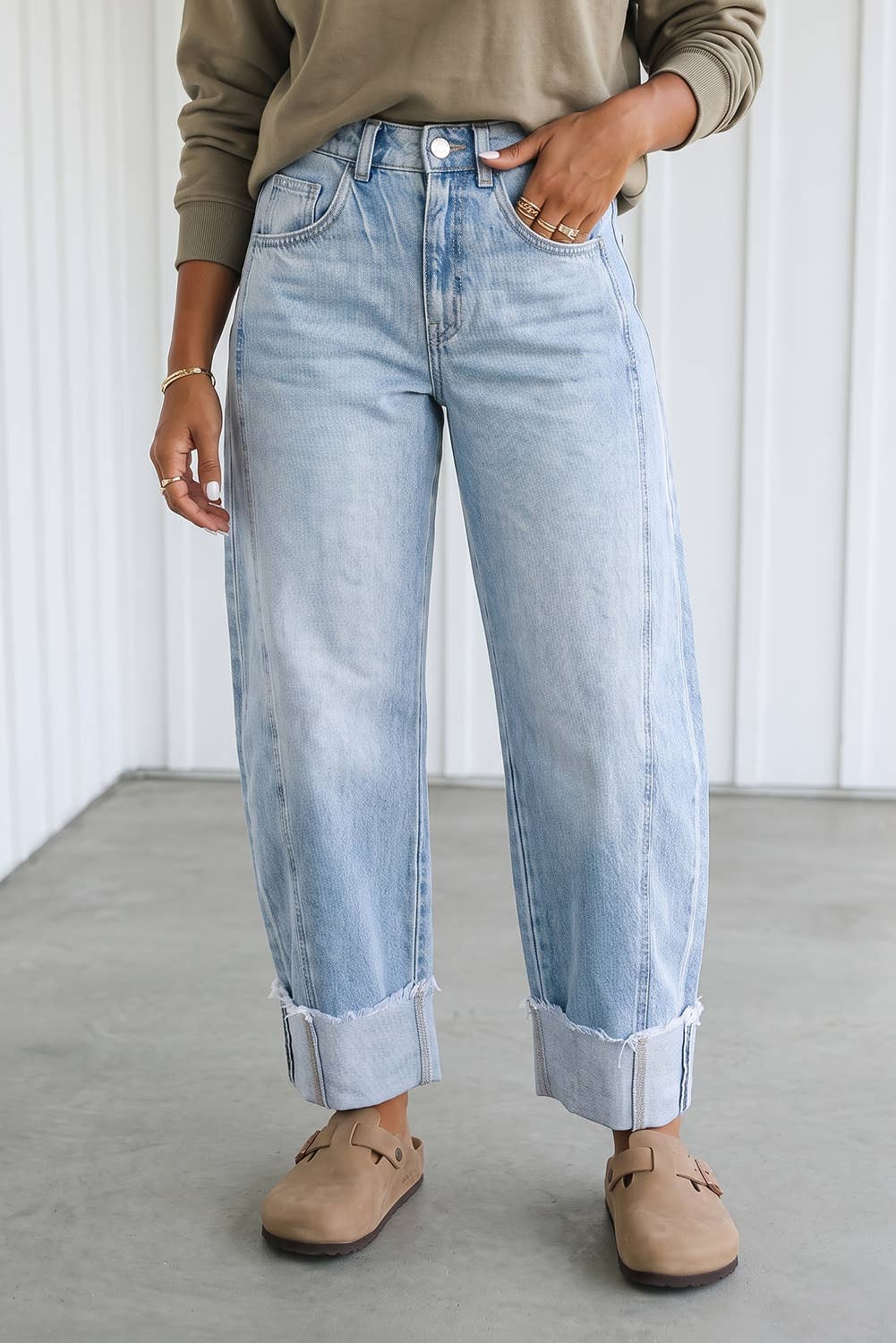 LAS Raw Hem Turnup Loose Ankle-length Pocket Jeans (4-16)