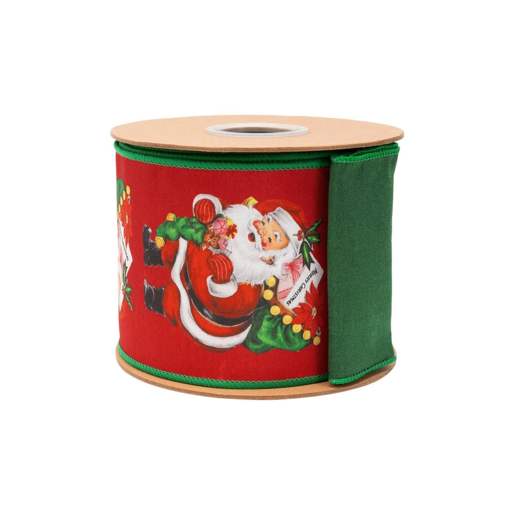 4" Wired Dupioni Ribbon | Retro Santa w/ Sack w/ Green Backing | 10 Yard Roll