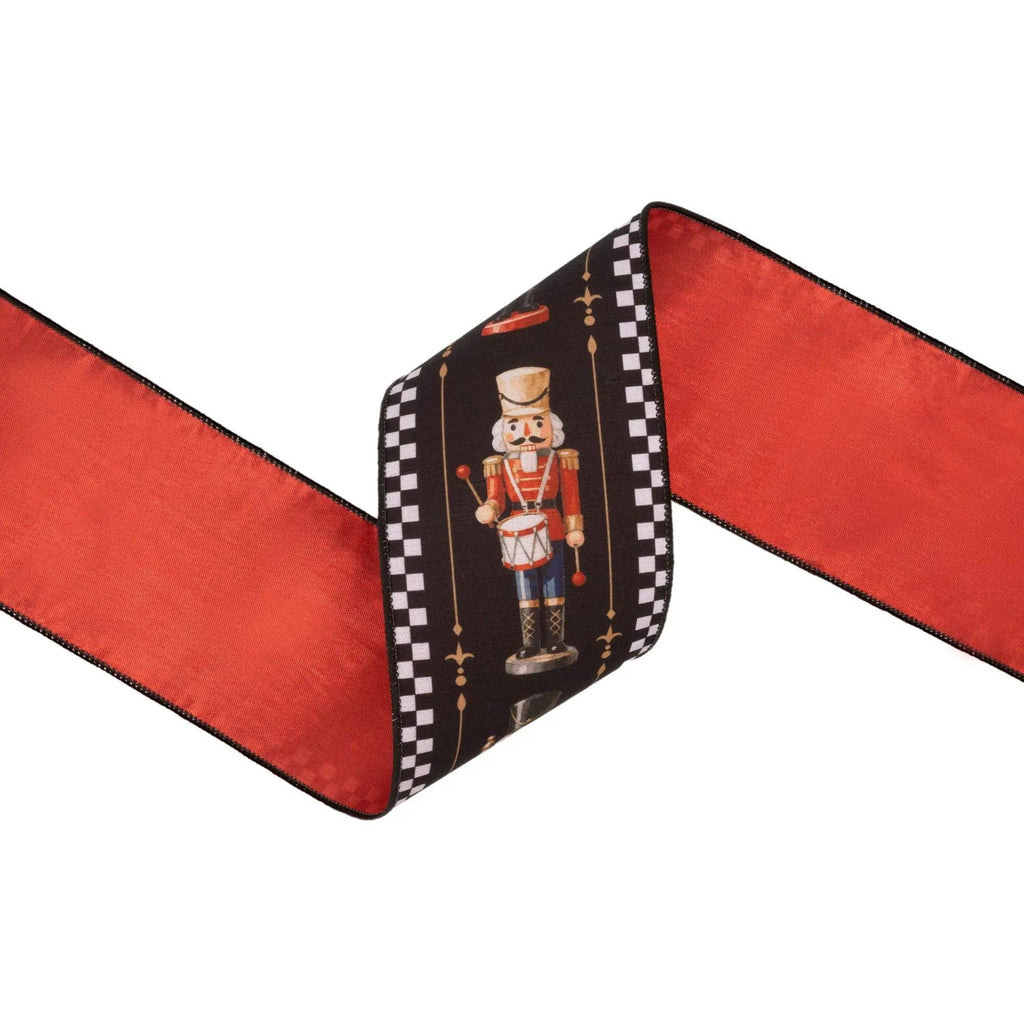 4" Wired Dupioni Ribbon | Black/White Check Nutcracker on Black w/ Red Backing | 10 Yard Roll
