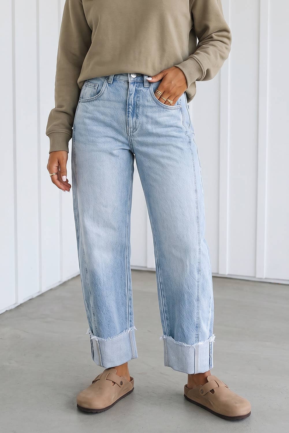 LAS Raw Hem Turnup Loose Ankle-length Pocket Jeans (4-16)