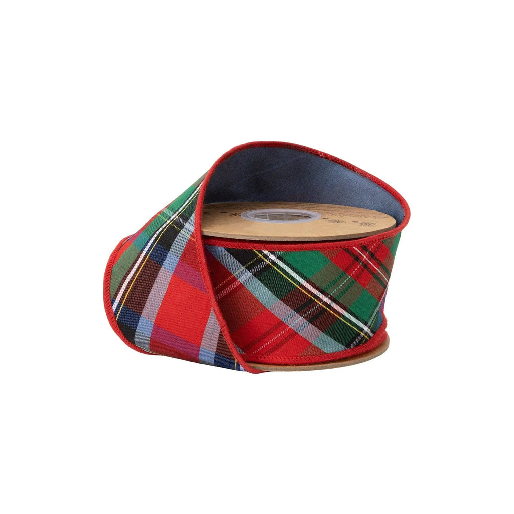 2 1/2" Wired Dupioni Ribbon | Bias Cut Traditional Christmas Plaid Red/Green/Blue w/ Blue Backing | 10 Yard Roll