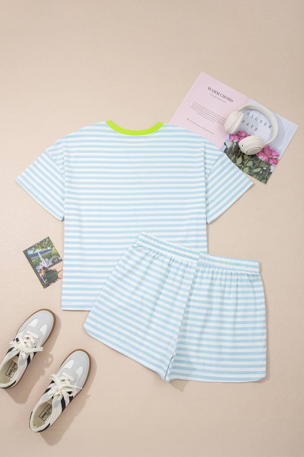 LAS Stripe Contrast Tee and Drawstring Shorts Set (S-4X)