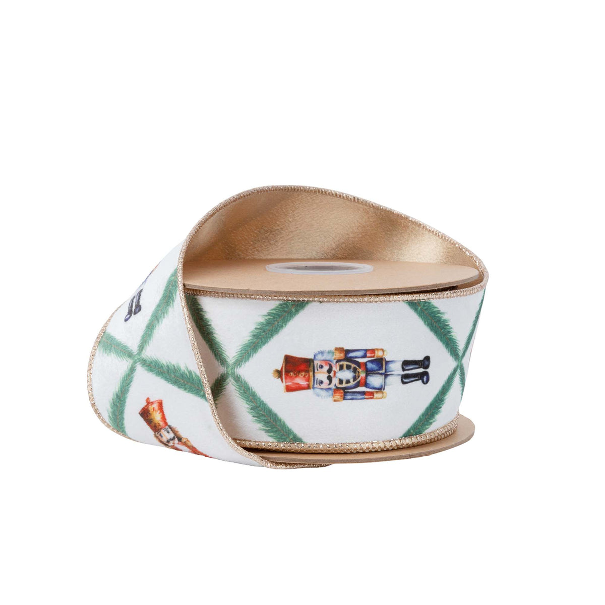 2 1/2" Wired Reversible Velvet | Nutcracker With Norfolk | Pine On White | 10 Yard Roll