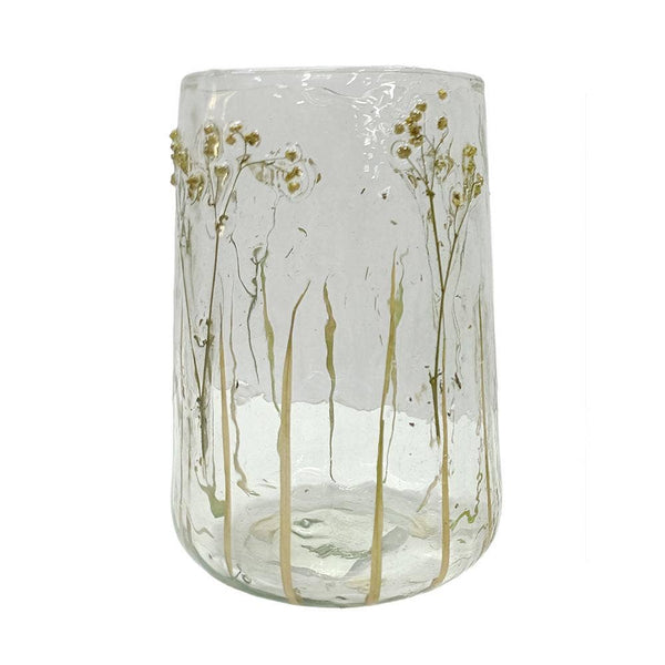 D5.5x9.5" Clear Glass Vase with Green Botanical Motifs