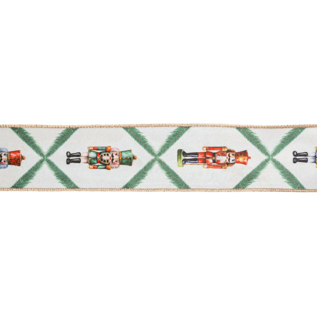 2 1/2" Wired Reversible Velvet | Nutcracker With Norfolk | Pine On White | 10 Yard Roll