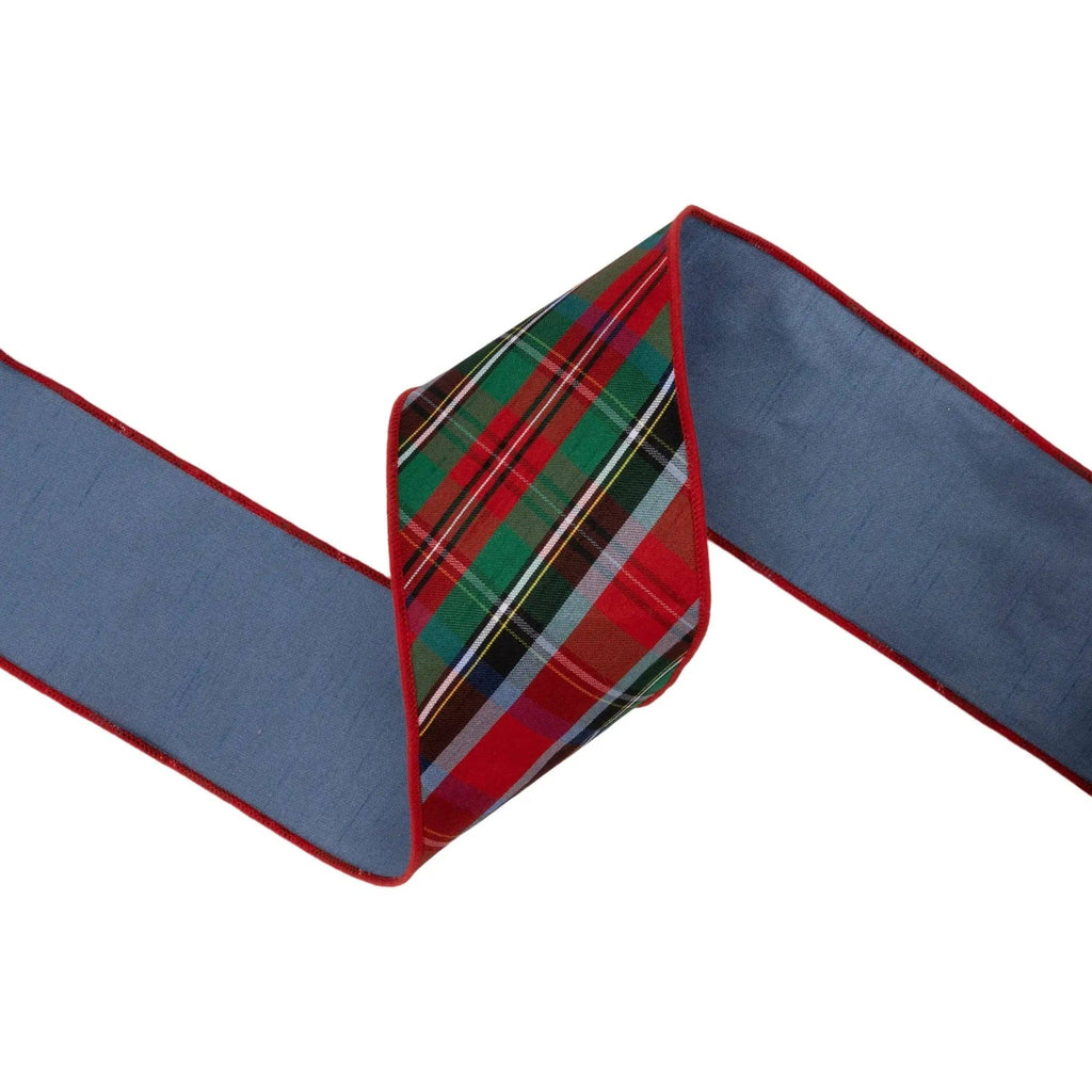 4" Wired Dupioni Ribbon | Bias Cut Traditional Christmas Plaid Red/Green/Blue w/ Blue Backing | 10 Yard Roll