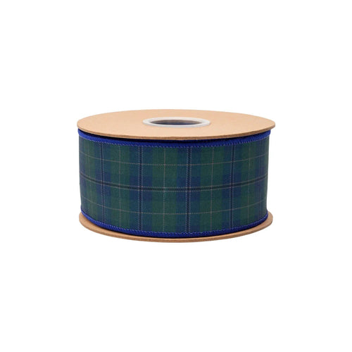 2 1/2" Wired Dupioni Ribbon | Blue/Green Classic Plaid w/ Blue Backing | 10 Yard Roll