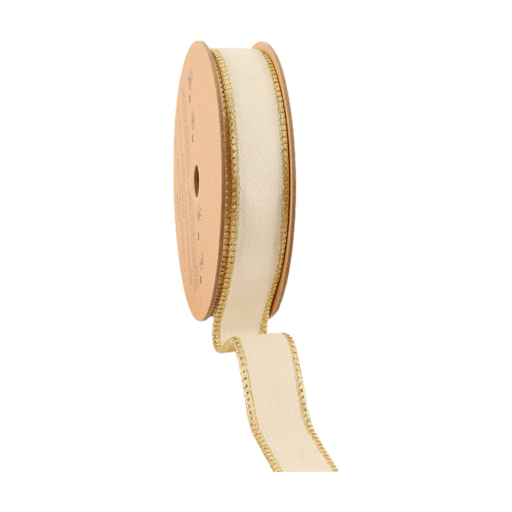 1" Reversible Classic Velvet Wired Ribbon | Ivory/Gold | 10 Yard Roll