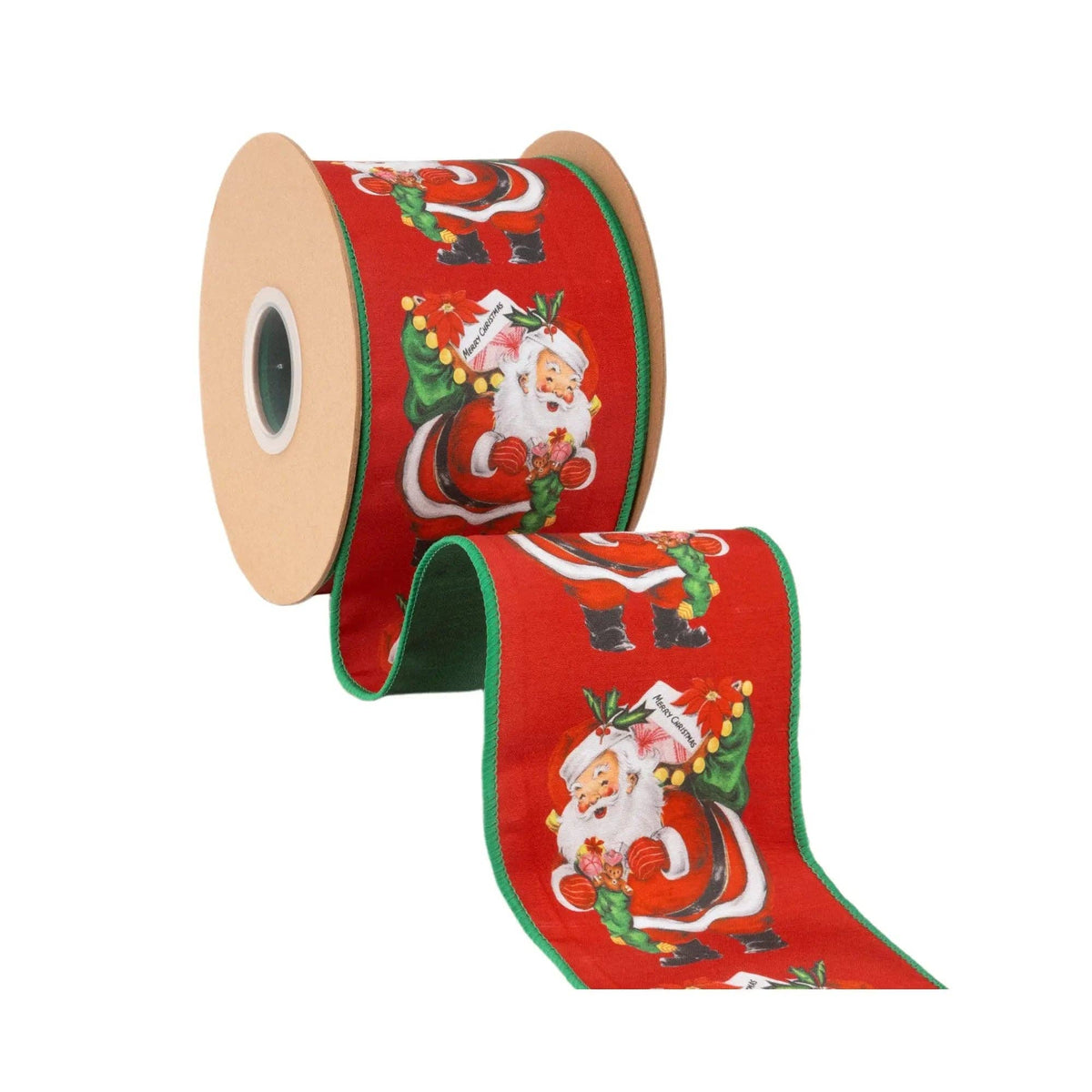 4" Wired Dupioni Ribbon | Retro Santa w/ Sack w/ Green Backing | 10 Yard Roll