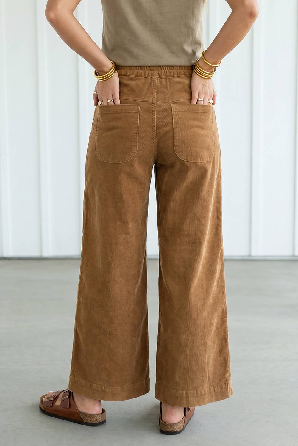 LAS Wooden Button Elastic Waist Wide Leg Pants (S-XL)