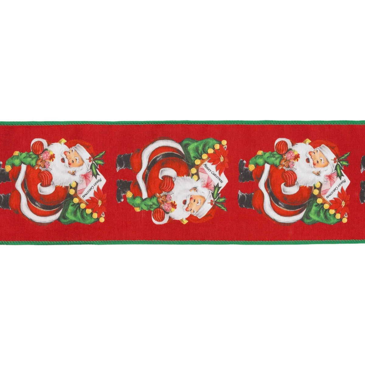 4" Wired Dupioni Ribbon | Retro Santa w/ Sack w/ Green Backing | 10 Yard Roll