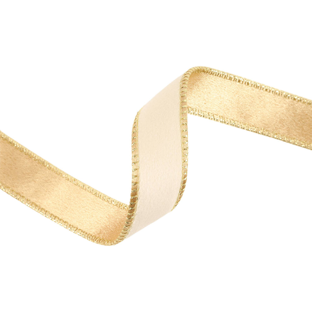 1" Reversible Classic Velvet Wired Ribbon | Ivory/Gold | 10 Yard Roll