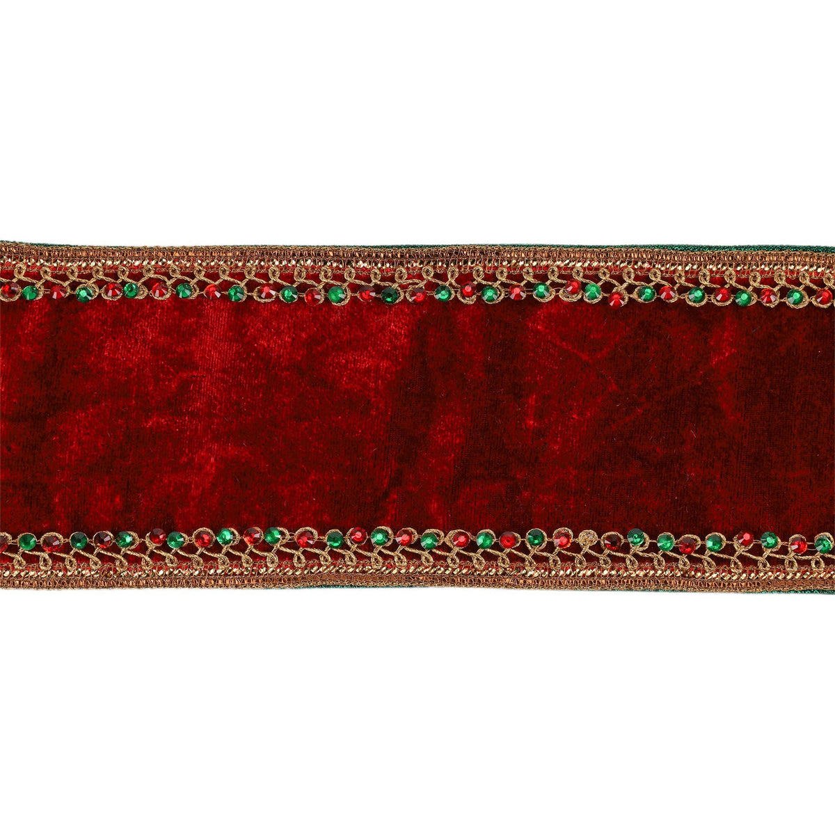 4" Wired Premium Velvet Ribbon | Jeweled Trim Red | 5 Yard Roll