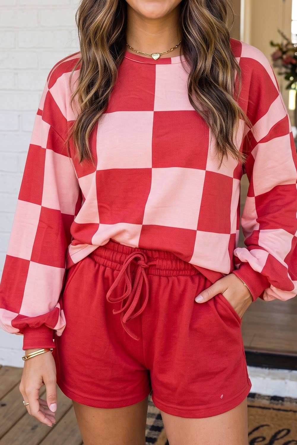 LAS Plaid Top Solid Drawstring Shorts Lounge Set (S-XL)