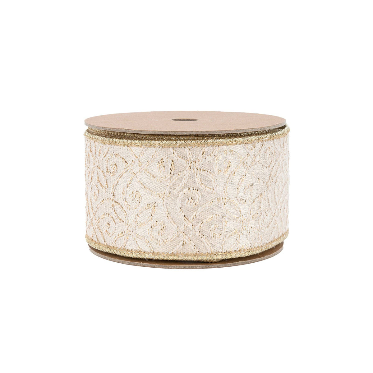 2 1/2" Wired Jacquard Ribbon | Ivory/Gold w/ Gold Dupioni-fused Backing | 10 Yard Roll