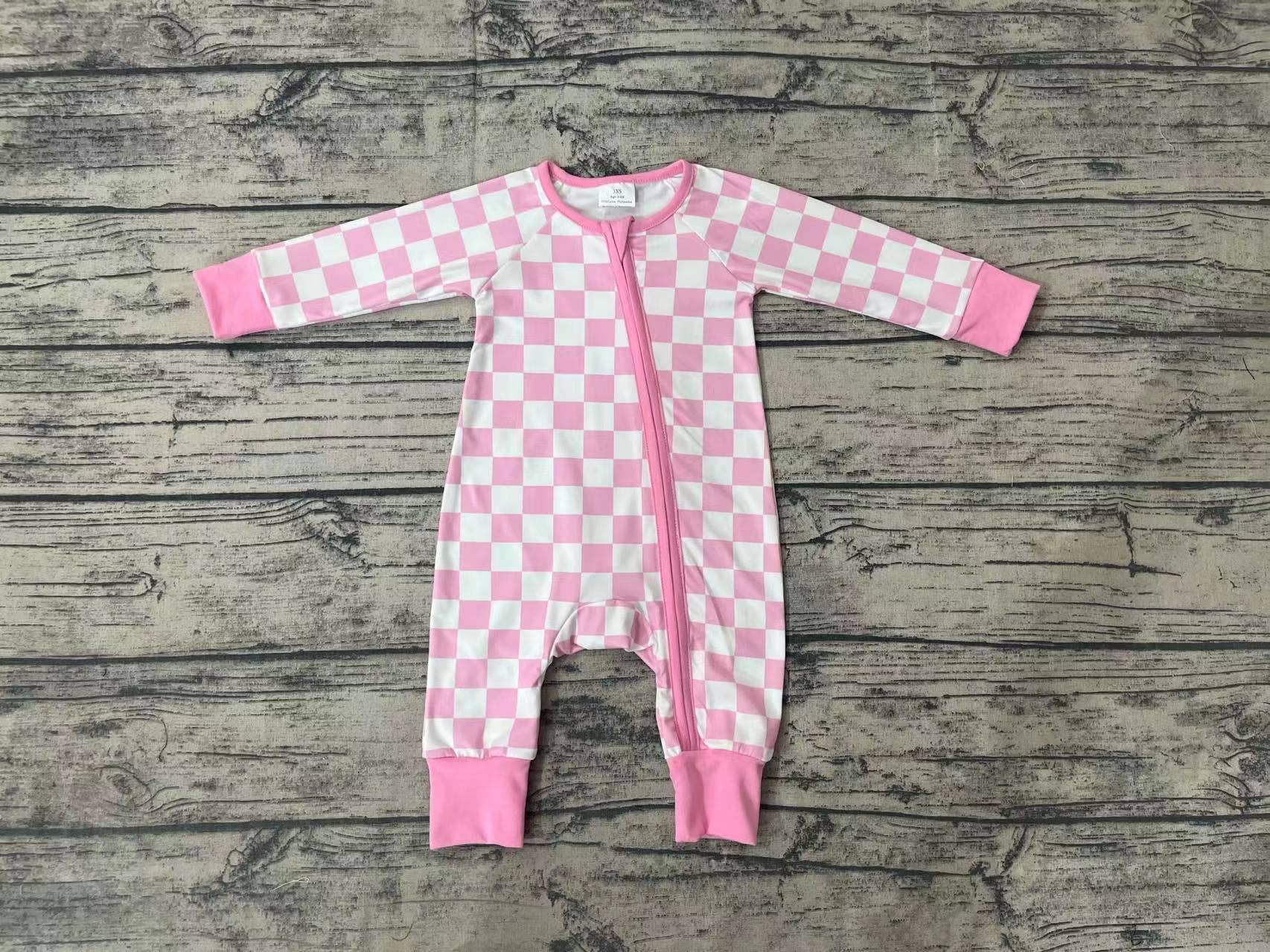 Baby Infant Girls Pink Checkered Long Sleeve Zip Sleepers Ro