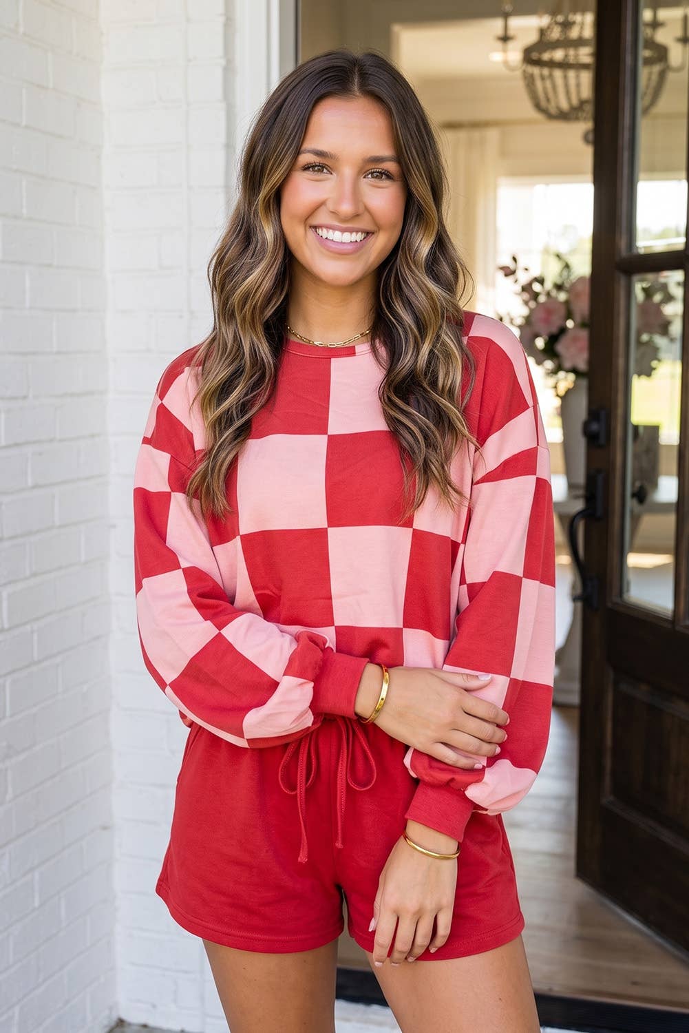 LAS Plaid Top Solid Drawstring Shorts Lounge Set (S-XL)