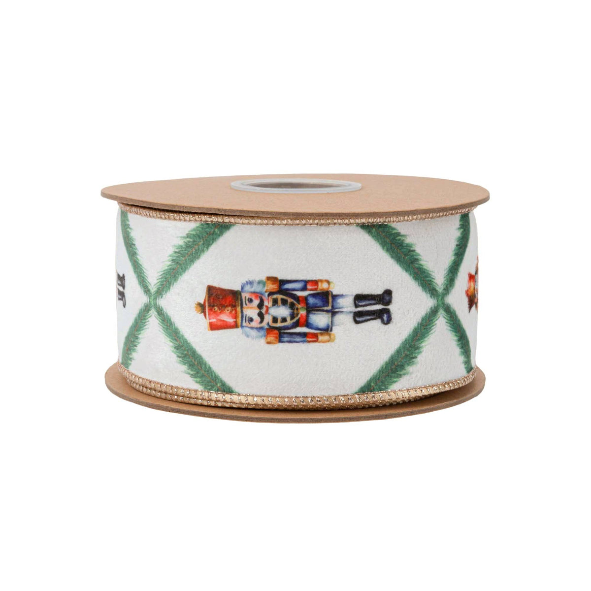 2 1/2" Wired Reversible Velvet | Nutcracker With Norfolk | Pine On White | 10 Yard Roll