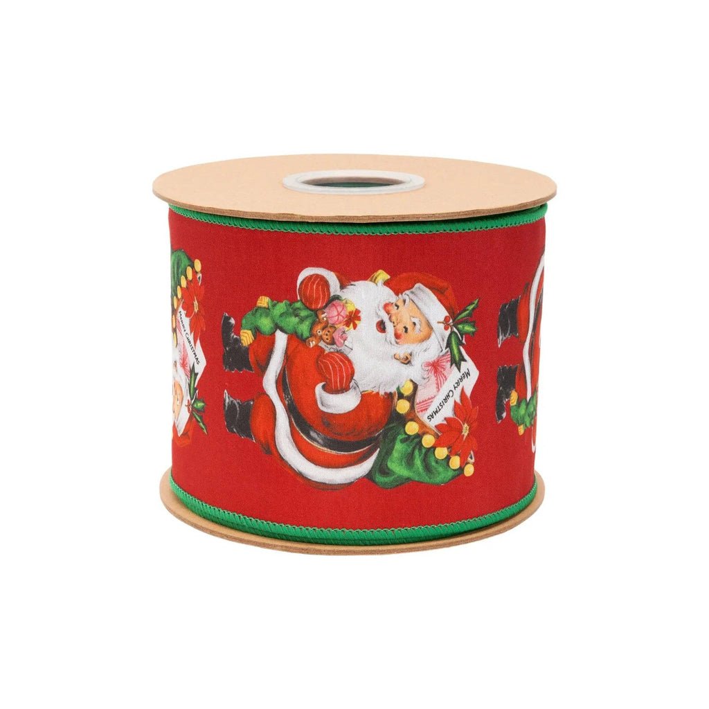 4" Wired Dupioni Ribbon | Retro Santa w/ Sack w/ Green Backing | 10 Yard Roll