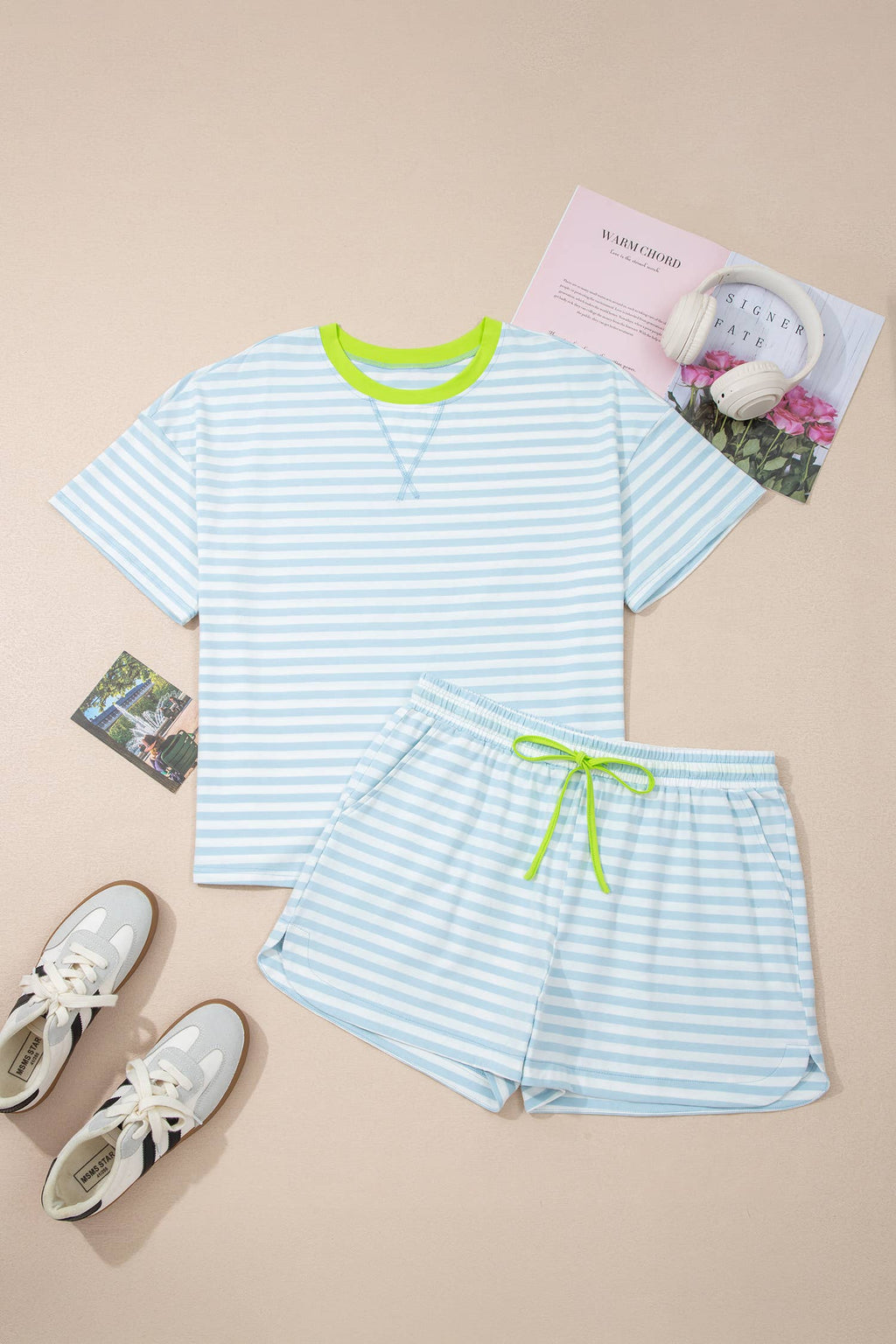 LAS Stripe Contrast Tee and Drawstring Shorts Set (S-4X)