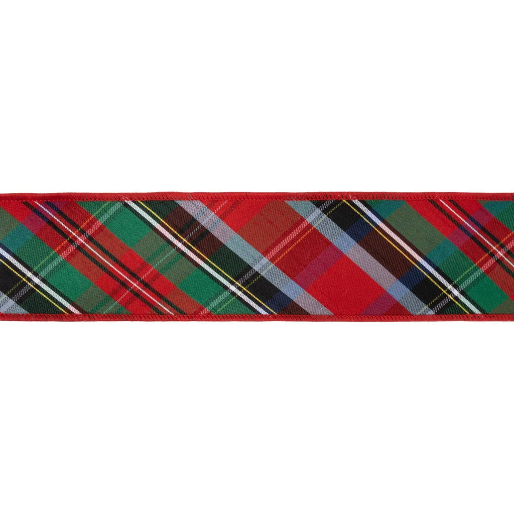 2 1/2" Wired Dupioni Ribbon | Bias Cut Traditional Christmas Plaid Red/Green/Blue w/ Blue Backing | 10 Yard Roll