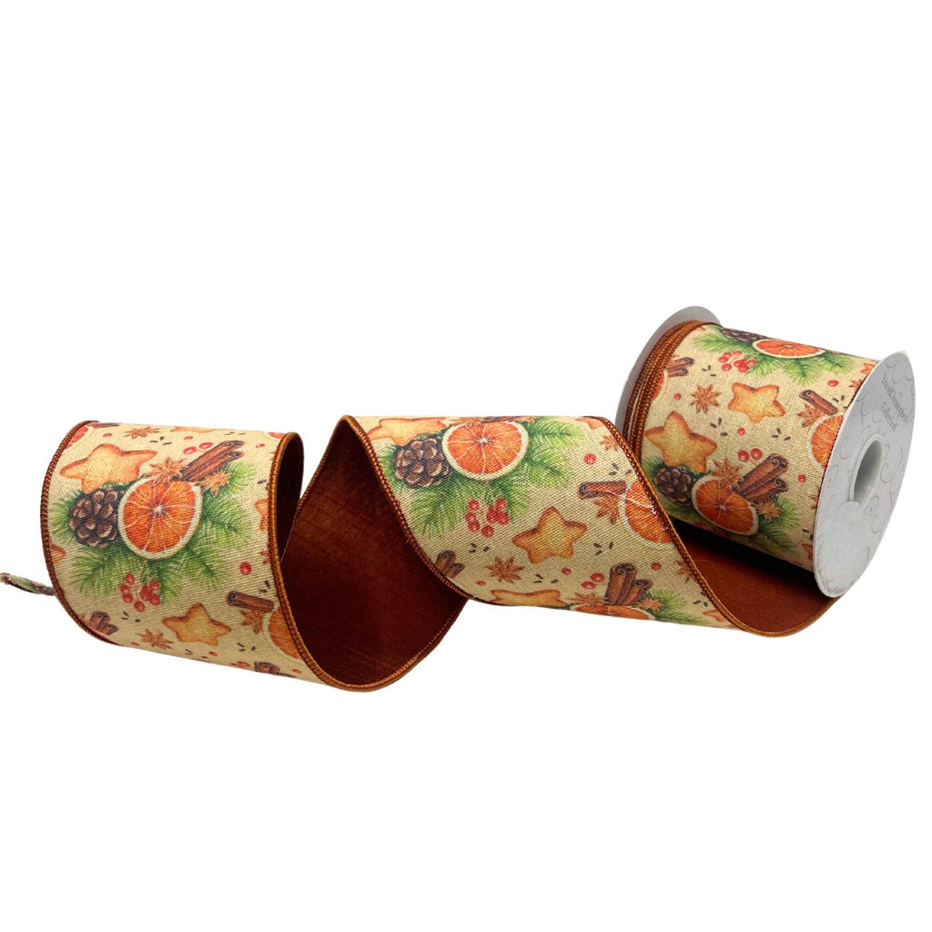 Orange and Cinnamon Print on Brown Ribbon Base 4" x 10yd