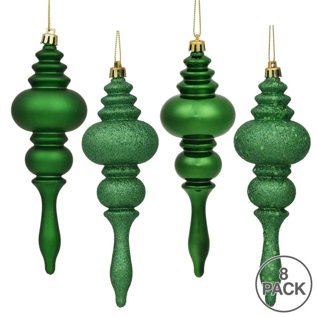 Vickerman 7" Green 4-Finish Finial Ornament, 8 per Box