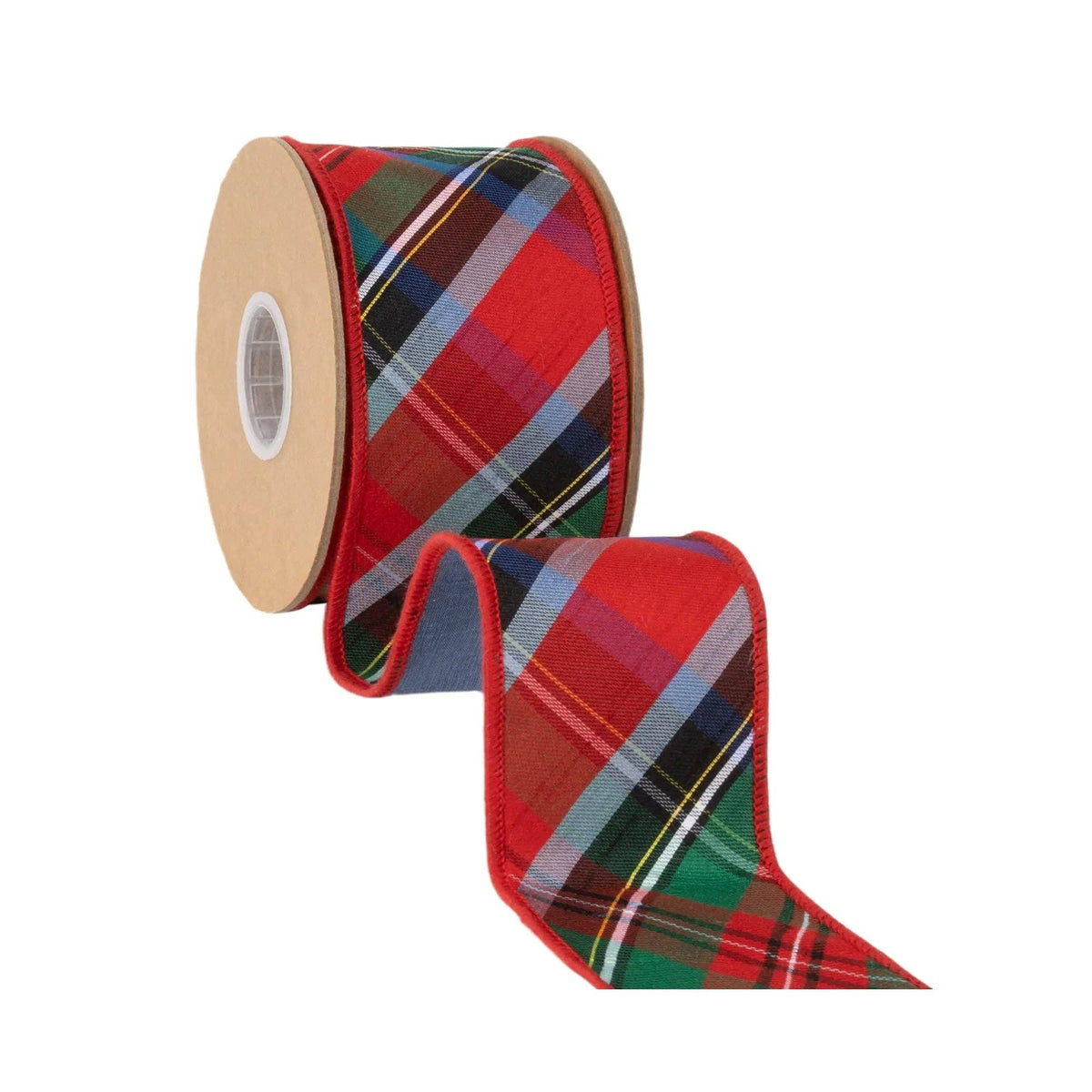 2 1/2" Wired Dupioni Ribbon | Bias Cut Traditional Christmas Plaid Red/Green/Blue w/ Blue Backing | 10 Yard Roll