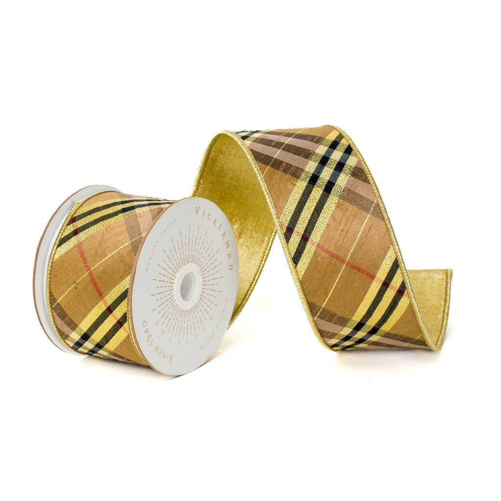 2.5"x10yd Gold Black Diagonal Plaid Gold