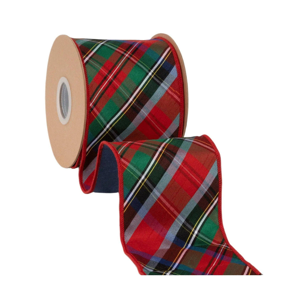 4" Wired Dupioni Ribbon | Bias Cut Traditional Christmas Plaid Red/Green/Blue w/ Blue Backing | 10 Yard Roll