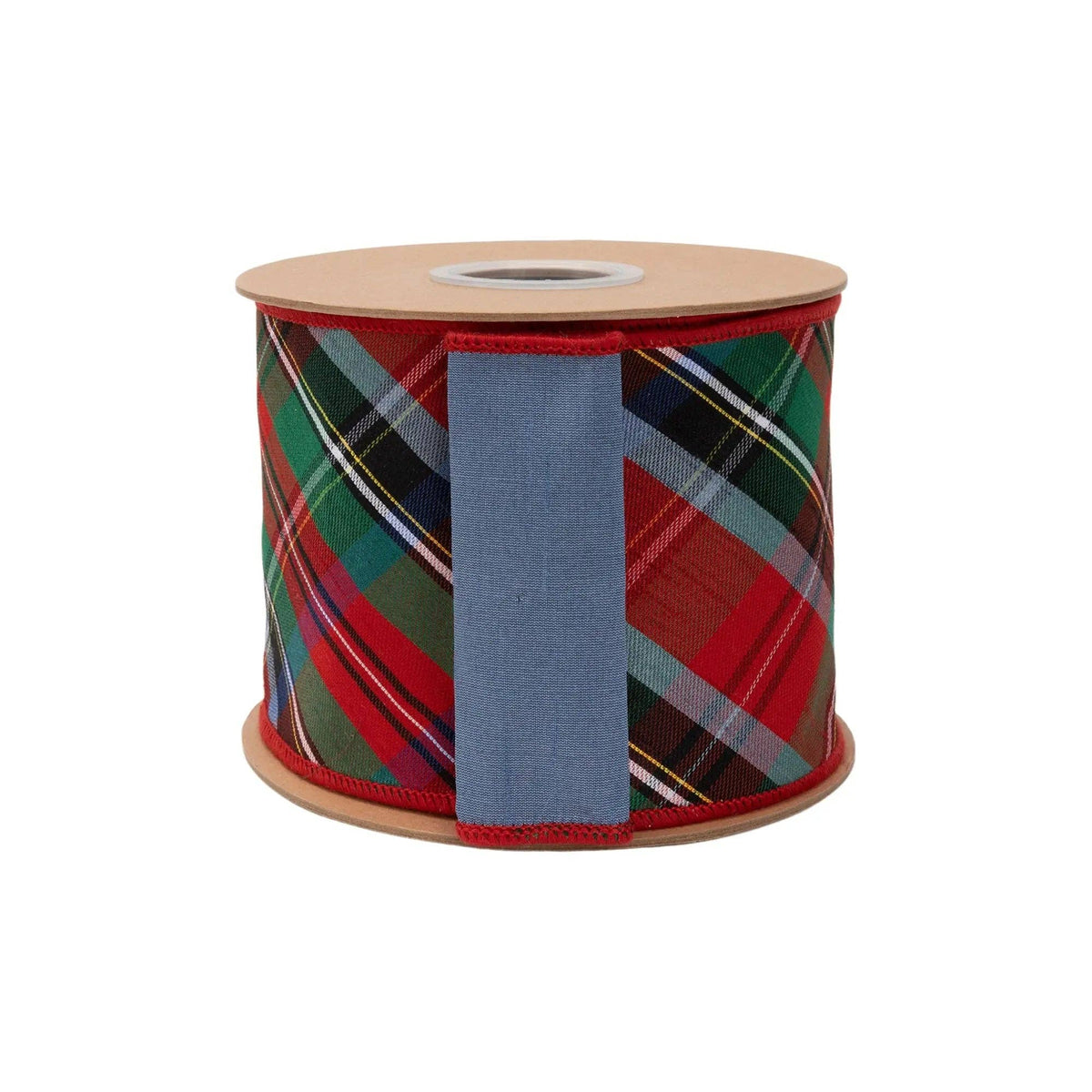 4" Wired Dupioni Ribbon | Bias Cut Traditional Christmas Plaid Red/Green/Blue w/ Blue Backing | 10 Yard Roll