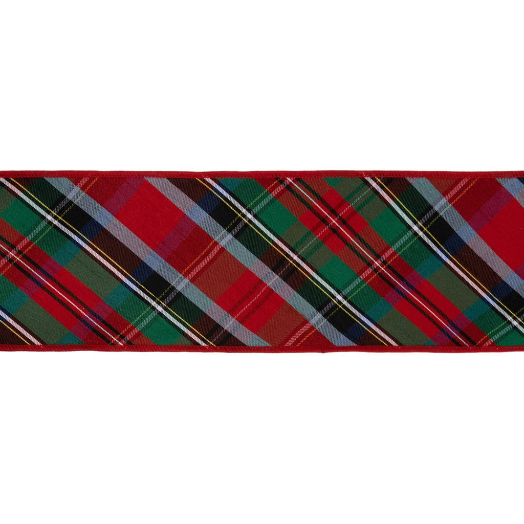 4" Wired Dupioni Ribbon | Bias Cut Traditional Christmas Plaid Red/Green/Blue w/ Blue Backing | 10 Yard Roll