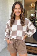 LAS Plaid Top Solid Drawstring Shorts Lounge Set (S-XL)