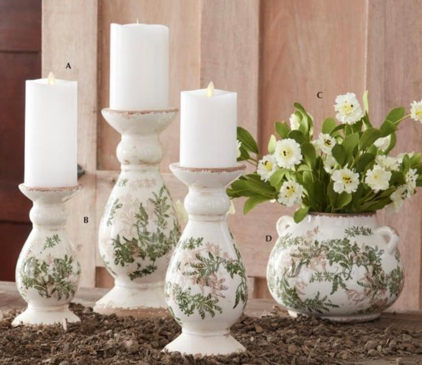 Green & Cream w/Brown Crackled Ceramic Chinoiserie Candleholder