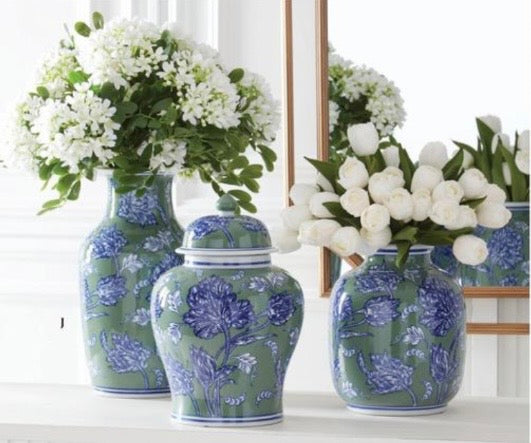 Blue Green & White Floral Ceramic Vase