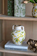 6.7x6.7x8.7" White Ceramic Vase w/ Lemon Motif Small Handles