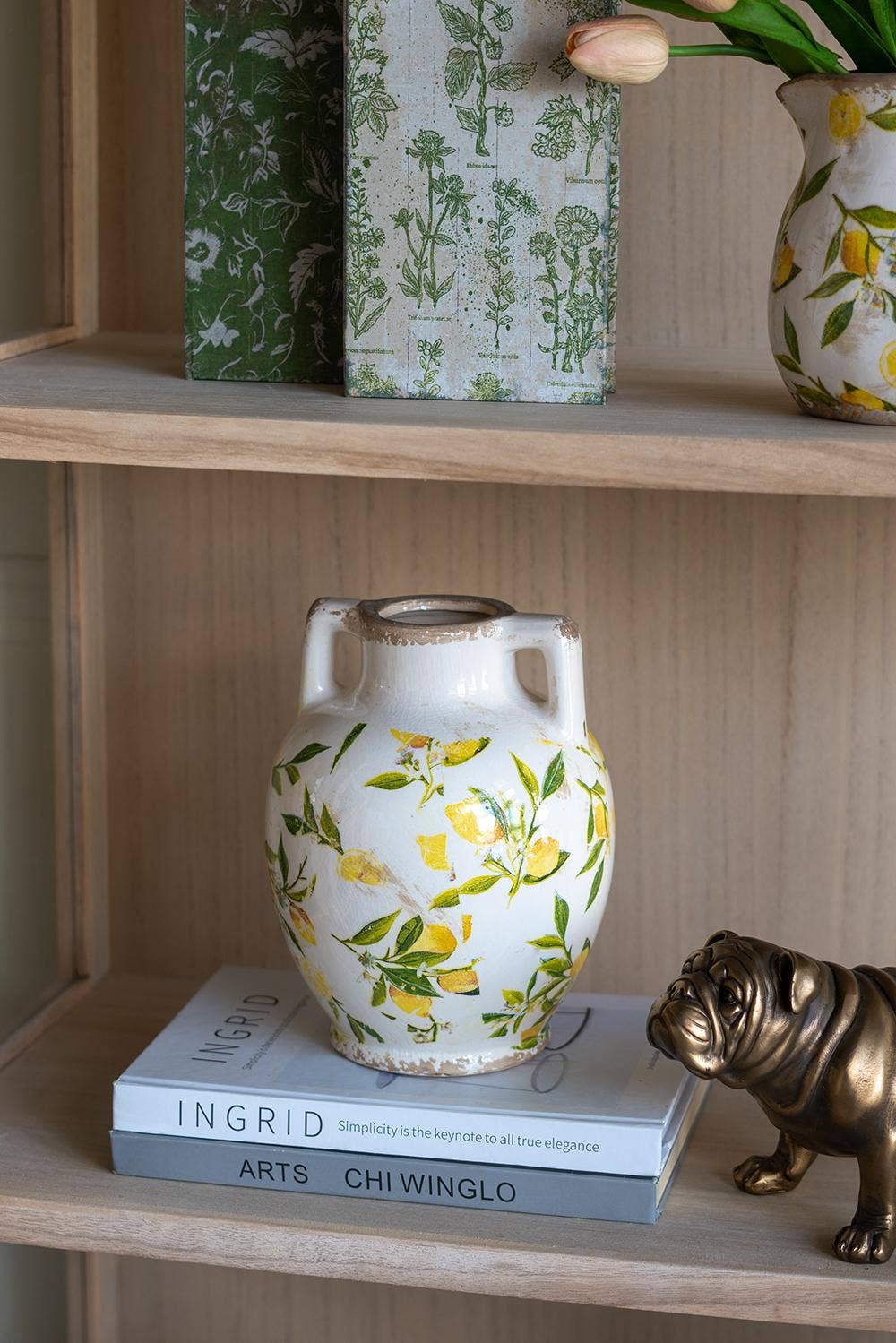 6.7x6.7x8.7" White Ceramic Vase w/ Lemon Motif Small Handles