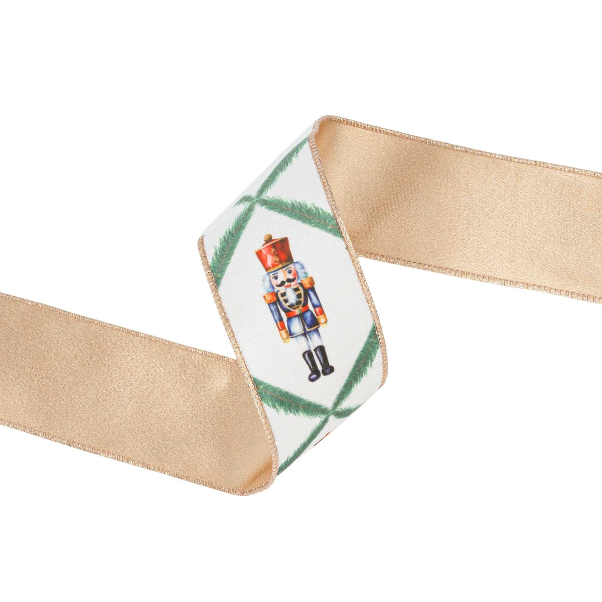 2 1/2" Wired Reversible Velvet | Nutcracker With Norfolk | Pine On White | 10 Yard Roll